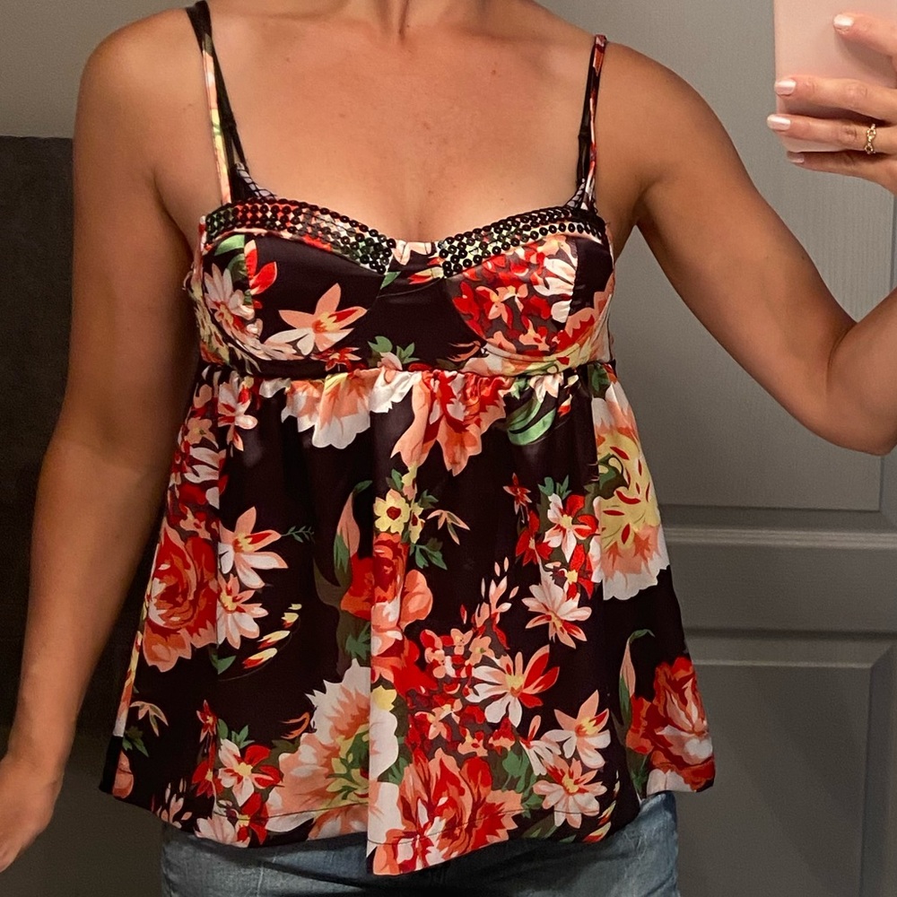 Elegant Floral Black Tank Top